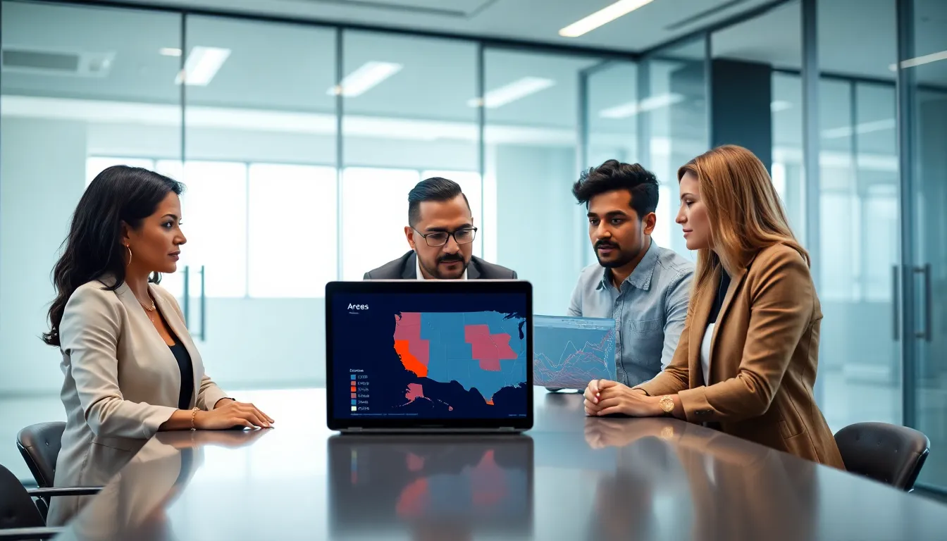 professionals discussing area codes in a modern office setting.